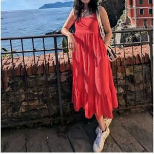 Entro Sway Midi Dress Gauze Cotton Medium Red Tie Back Textured Ruffle Hem